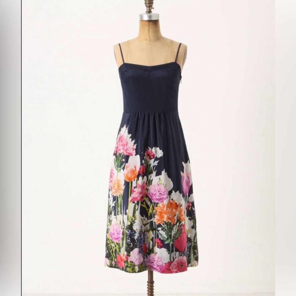 Moulinette Soeurs Anthropologie Avon Bloom Navy Blue Floral Silk Midi Dress 0